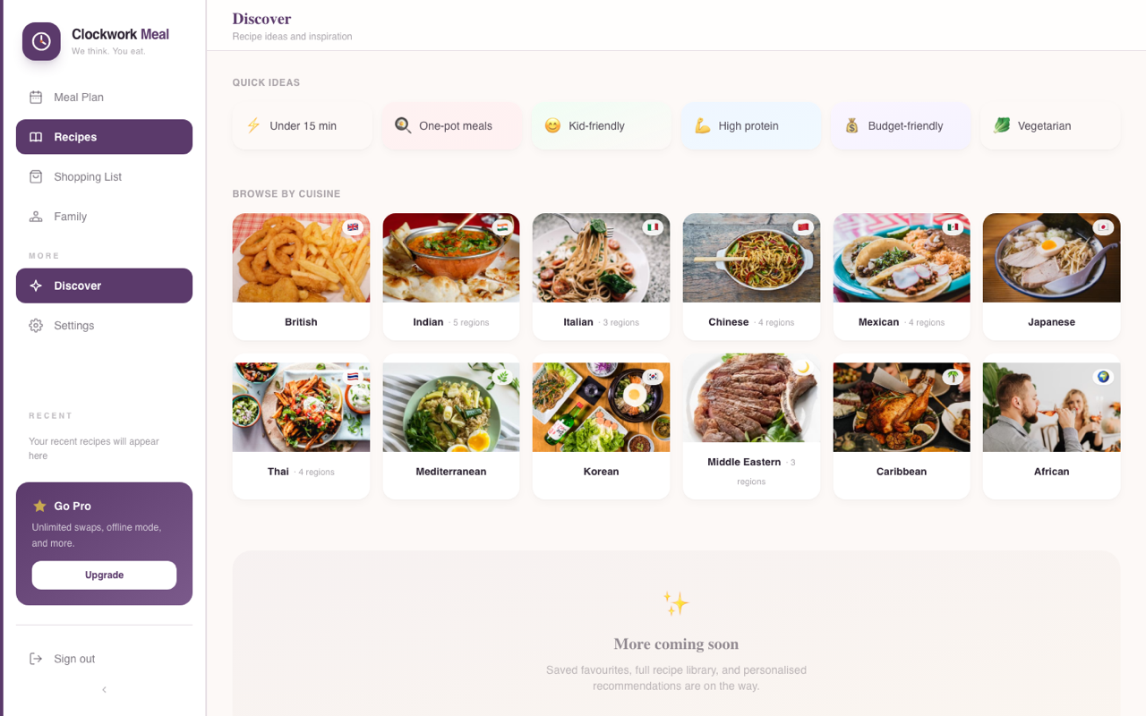 Browse real cuisines in the Clockwork Meal web app