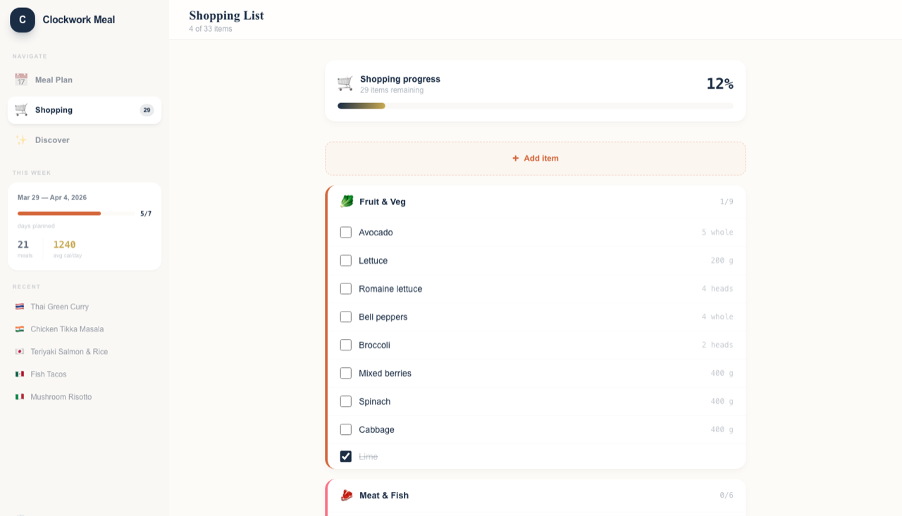The Clockwork Meal shopping list in the web app