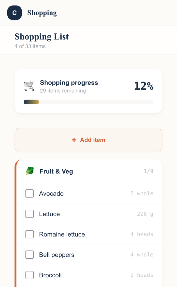 The shopping list on a phone, sorted into categories with quantities